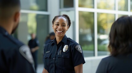 Smiling black female police officer talking to her colleagues