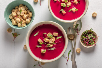 Red borsch soup as healthy starter and hot.