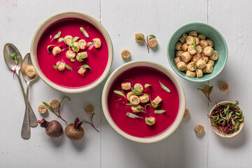 Veggie borsch soup made of local vegetables.