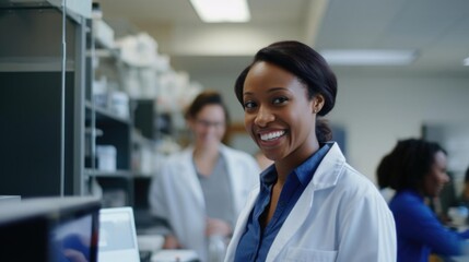 Fototapeta premium Smiling black female researcher talking to her colleagues
