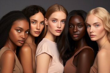 Obraz premium Generative AI portrait group of attractive female fashion models amazing appearance skin all races tones ethnicity