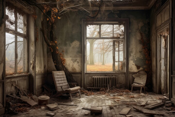 Fototapeta na wymiar Abandoned house interior decayed architecture