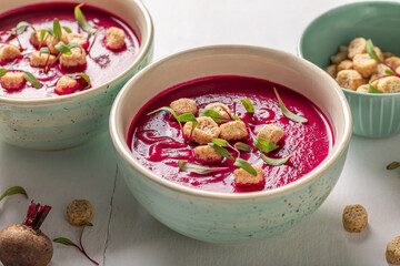 Veggie borsch soup as healthy starter and hot.