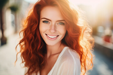 Obraz premium Generative AI picture of young attractive woman in the city lights backdrop