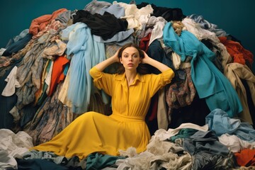 woman sitting near a  pile of clothes. Fast fashion problem.