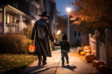 father and son trick or treating on Halloween night