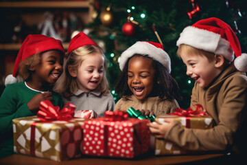 Happy diverse kids in santa caps laughing and opening Christmas gifts.
