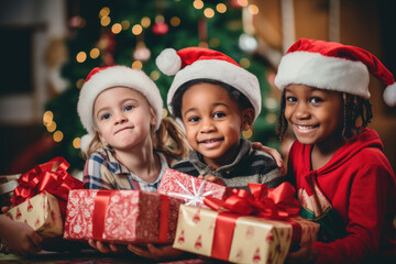 Group portrait of diverse kids in santa hats with gift boxes during Christmas holidays looking at camera.