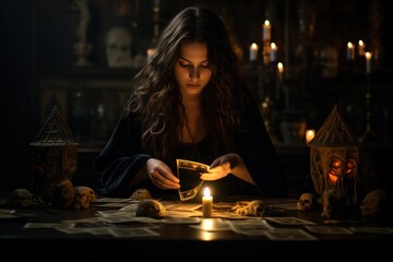Fortune teller. Woman dealing tarot cards in dark salon with candlelight.
