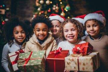 Fototapeta na wymiar Group portrait of diverse kids with gift boxes during Christmas holidays looking at camera.