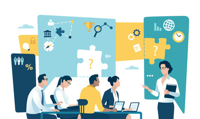 Education, presentation meeting illustration. The business team listens to the teacher, female leader.
