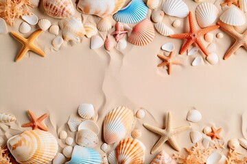 Sea themed horizontal banner with starfish, sand, sea shells, top view with copy space