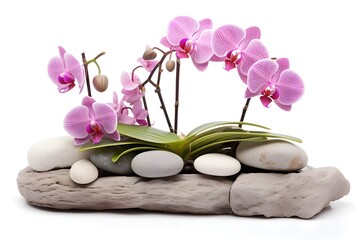 Elegant Home Decor: White Orchid and Rocks on White Background