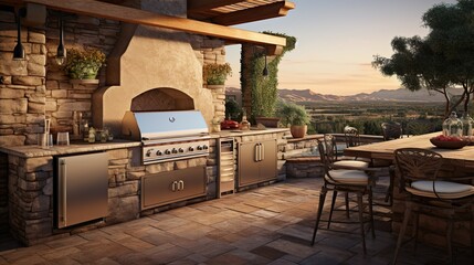 Fototapeta na wymiar Outdoor Kitchen: Built-In Grill, Pizza Oven & Bar Seating, outdoor design, patio, generative Ai