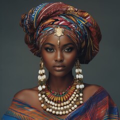 portrait of a gorgeous woman of African descent in exotic and colorful outfit and makeup with a stylish headgear.