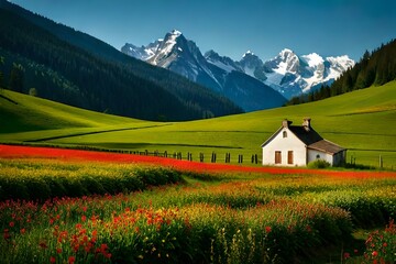 Fototapeta premium An enchanting house sits in the midst of a sprawling field - AI Generative