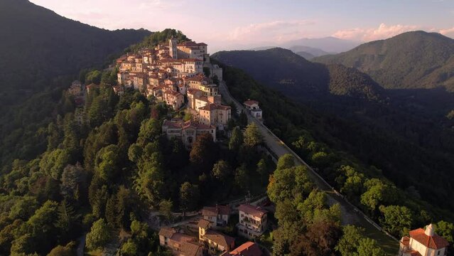Aerial footage of the Sacro Monte of Varese, this sacred mount is a historic pilgrimage site and Unesco World Heritage for the Sanctuary of Santa Maria del Monte, Varese, Lombardy, Italy