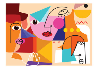 Abstract face people with  geometric, shapes and lines colorful vector illustration. Fashion, art design for prints, cover, poster, home decoration and wall art.