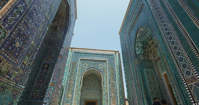 The courtyard of the Shah-i-Zinda or Shakh i Zinda, Samarkand, Uzbekistan - May 24, 2023