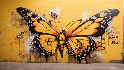 Graffiti art with  butterfly on yellow wall