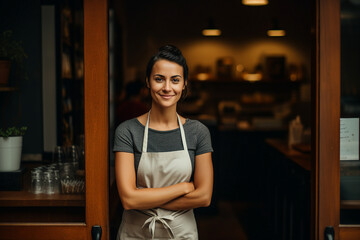 Fototapeta na wymiar Generative ai collage of baker lady barista serve customers in cafe