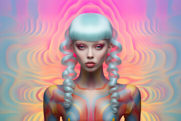 A captivating surreal futuristic portrait of a vibrant woman with blue hair and striking colorful makeup radiates art and cartoon-like energy, embodying the beauty of creative expression