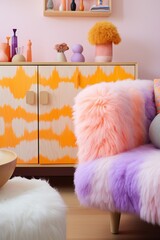 A vibrant orange couch with fluffy fur invites a playful cat to lounge amongst its cozy pillows, creating a cheerful atmosphere in the room