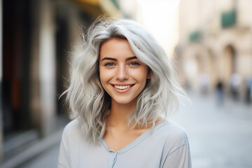 Obraz premium Generative AI picture of young attractive woman in the city lights backdrop