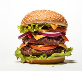 The perfect hamburger with cheese, bacon, pickles, tomato, onions and lettuce. Created with Generative AI