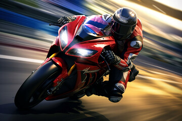 Picture of racing motorcycle with dynamic speed light trails in urban environment made with generative AI