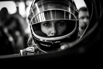 Generative AI digital portrait of a professional sports car racer in a helmet driving auto on the track