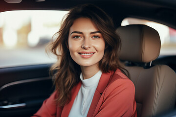 Generative AI photography of beautiful lady sitting on passenger seat inside car enjoying comfort trip