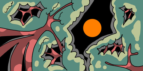 forest and yellow moon at night