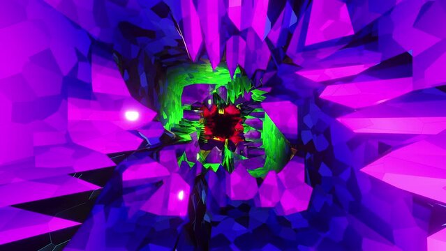 Digital tunnel of purple, green and red object. Looped animation.