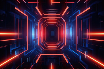 Futuristic hallway with blue and red neon lights abstract metallic background 
