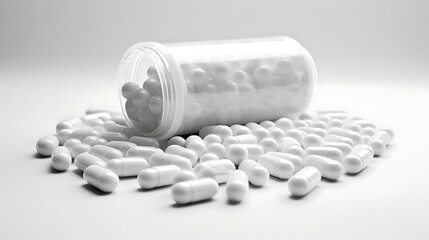 Medical health medicine pills in a glass jar on white background. Medicine capsule tablets