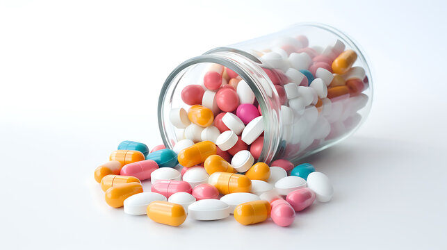 Medical health medicine pills in a glass jar on white background. Medicine capsule tablets