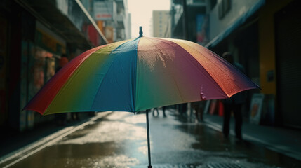 a rainbow colored umbrella flies through the streets of a city.
