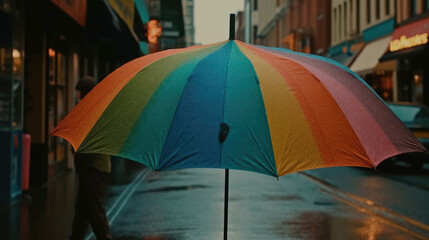 Fototapeta na wymiar a rainbow colored umbrella flies through the streets of a city.