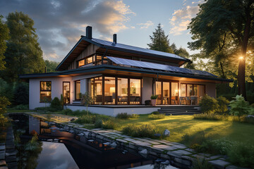 casa de campo moderna de dos plantas con terraza en atardecer , con cielo azul y rodeada de arboles, ilustracion de IA generativa