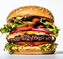 The perfect hamburger with cheese, bacon, pickles, tomato, onions and lettuce. Created with Generative AI