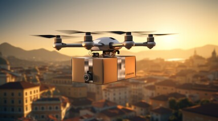 Embrace the sight of a drone in action as it transports cargo through the sky, redefining the speed and convenience of package delivery.
