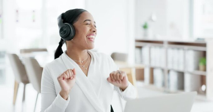 Business woman, headphones and dancing with laptop, comic laugh or excited celebration for success at startup. Entrepreneur, computer and happy for music, singing or win with streaming subscription