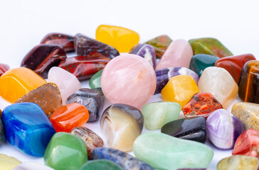 Semi-precious multi-colored stones, minerals close-up. Mineralogy. Collection of minerals.