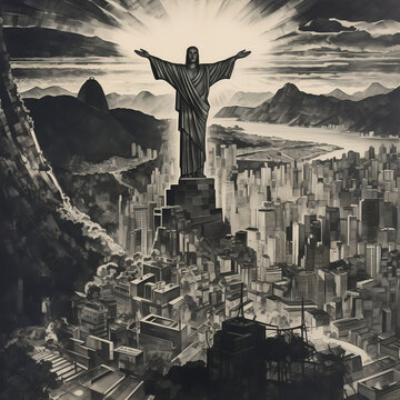poster image, vintage depiction of Rio de Janeiro with
the Christ the Redeemer statue