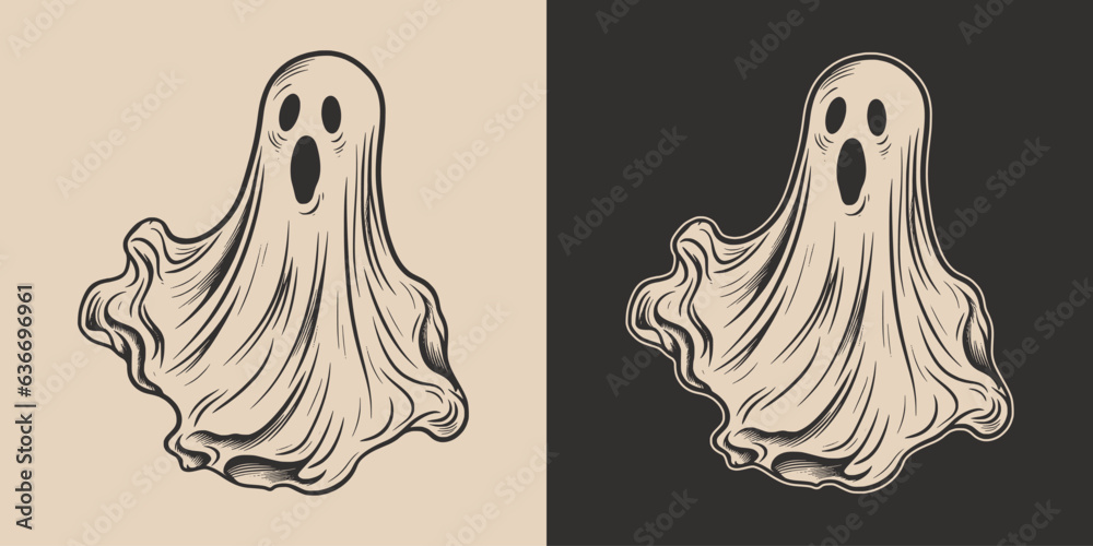 Wall mural Vintage retro Halloween ghost character cartoon spooky scary horror element. Monochrome Graphic Art. Vector. Hand drawn element - Wall murals