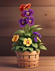 Lovely Pansy flowers in wooden basket 3d style.