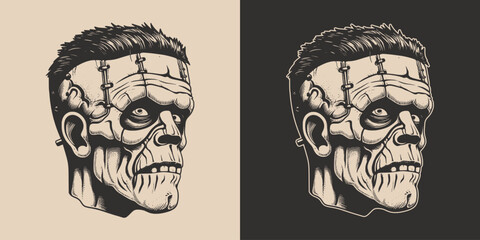 Vintage retro Halloween zombie dead frankenstein character face portrait. spooky scary horror element. Monochrome Graphic Art. Vector. Hand drawn element engraving