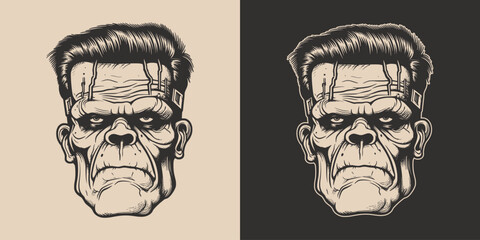Vintage retro Halloween zombie dead frankenstein character face portrait. spooky scary horror element. Monochrome Graphic Art. Vector. Hand drawn element engraving