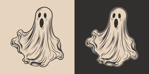 Vintage retro Halloween ghost character cartoon spooky scary horror element. Monochrome Graphic Art. Vector. Hand drawn element - obrazy, fototapety, plakaty